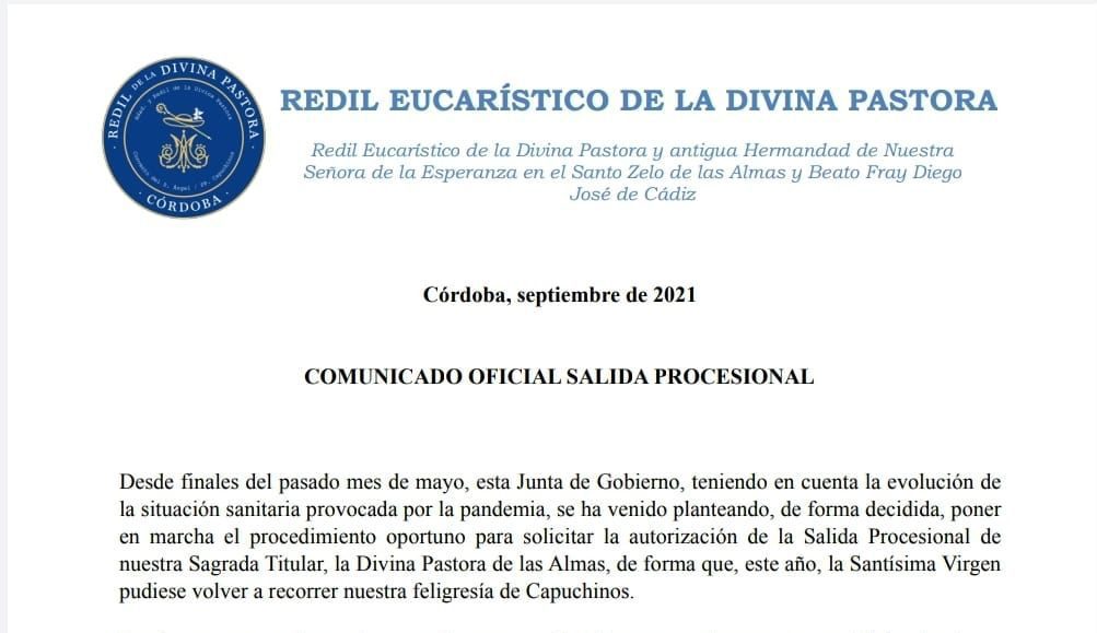E Sc4j5XsAg mJf e1630598707984 Procesión de la Divina Pastora en Córdoba el 18 de Septiembre