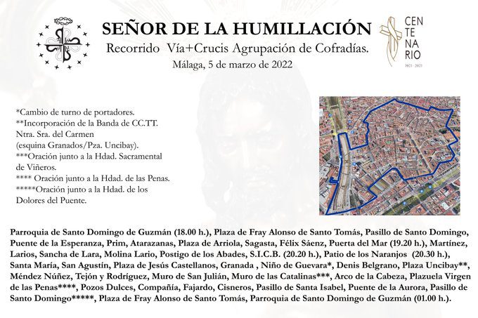 Recorrido y puntos de interés de la Hdad. Humillación y Estrella del Vía Crucis del próximo 5 de marzo de Málaga