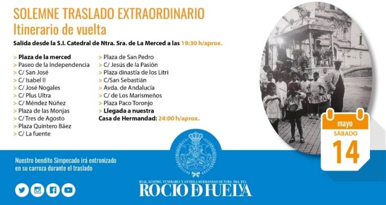 Horario e itinerario del traslado extraordinario del Simpecado de Huelva este sábado