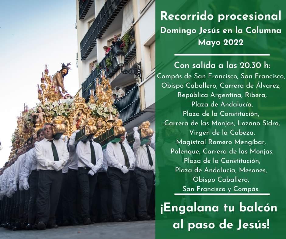 Horario e Itinerario Salida procesional de Nuestro Padre Jesús en la Columna de Priego de Córdoba este Domingo