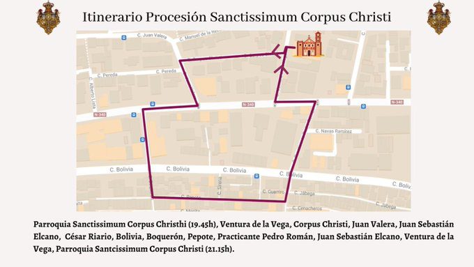 Horario e Itinerario de la Procesión Eucarística de la Hermandad Sacramental del Carmen Doloroso de Málaga el 16 de Junio