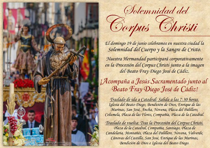 Horarios e Itinerarios de los Traslados del Beato Diego para participar en la procesión del Corpus Christi de Cádiz