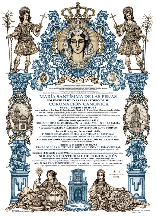 Orla con el programa de cultos de la Coronación de las Penas de Cádiz