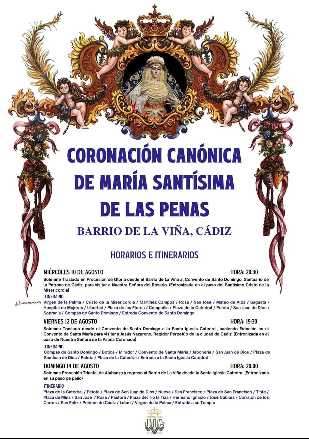 Se Oficializan los Horarios e Itinerarios de todas las Procesiones por motivo de la Coronación Canónica de la virgen de las Penas de Cádiz