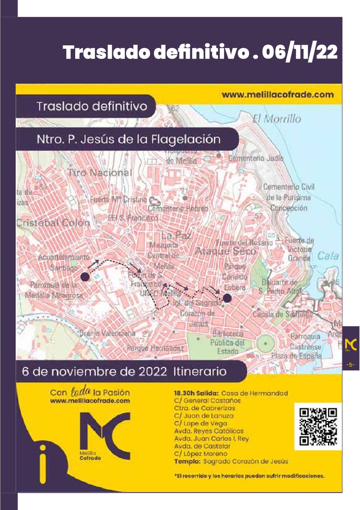 Horarios e Itinerarios de los Traslados y procesión Extraordinaria de Nuestro Padre Jesús de la Flagelación de Melilla