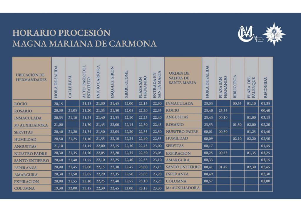 DESCARGAR Cuadrante con todos los Horarios la Procesión Magna de Carmona del 01 de Julio del 2023